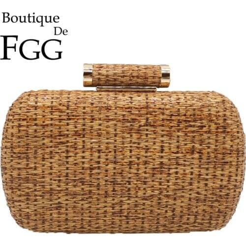 Boutique De FGG Straw Women Metal Clutches Chain Shoulder and Crossbody Bags Ladies Party Cockatail Evening Clutch Purse