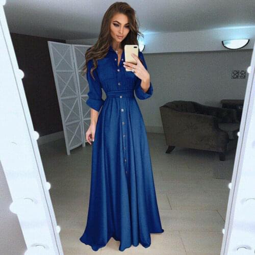 Fashion 2020 Women Long Sleeve Shirt Dress Office Lady Elegant Solid Color Long Dress