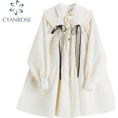 Womens Dress 2021 Casual Detachable Peter Pan Collar Bow Loose Ball Gown Dress Female Autumn Sweet Long Sleeve Mini Dresses