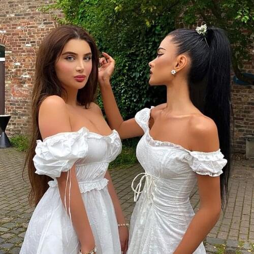 Female DressSolid Color Square Neck Short Sleeve High Waist for Summe White S/M/L