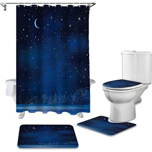 Starry Sky Moon Stars Beautiful Trees Shower Curtain Toilet Seat Cover Set Wc Accessories Mat Bathroom Decor Bath Curtains