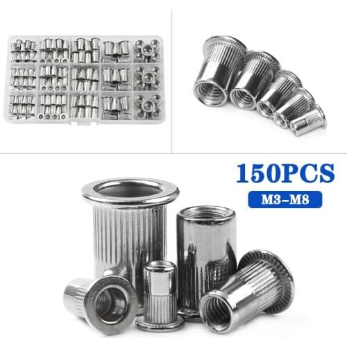 150pcs M3 M4 M5 M6 M8 Stainless Steel Flat Head Threaded Rivet Insert Nutsert Cap Rivet Nut Box Set