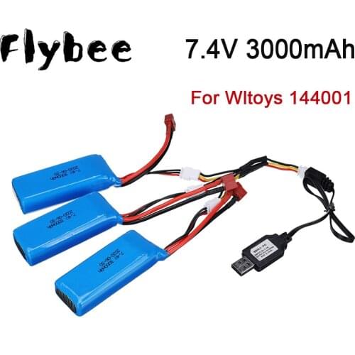 3PCS 7.4V 3000MAH LIPO BATTERY WITH USB AND 3-IN-1 CHARGER SET FOR WLTOYS 144001 RC CARS BATTERY TOYS RACING CARS SPARE PARTS