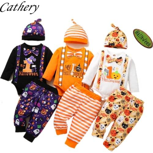 Infant Newborn Baby clothes Boy Girl My 1st Halloween Clothes Set Bowtie Ghost Romper Pant Hat 3Pc Newborn Baby Halloween Outfit