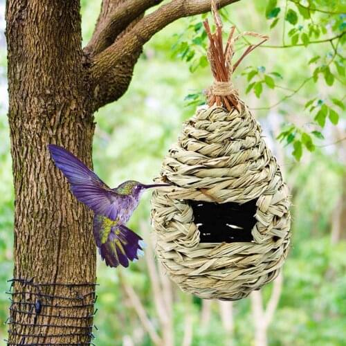 Humming Bird House, Hand-Woven Hummingbird Nesting Houses Outside Window Garden Hanging Grass Birdhouses Hut Outdoors Decor