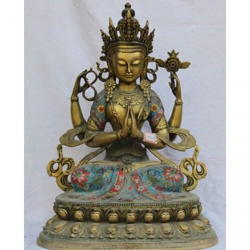 Fast shipping USPS to USA S2538 19" Tibet Buddhism Cloisonne Bronze 24K Gold Gilt 4 arms Chenrezig Buddha Statue