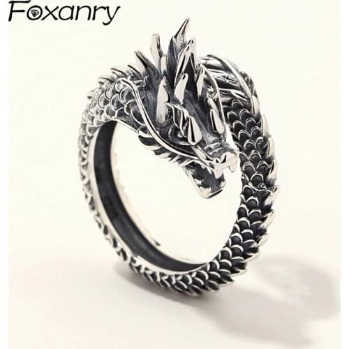 Foxanry 925 Sterling Silver Vintage Fashion Gothic Punk Ancient Dragon Men Jewelry Opening Ring Thai Silver Boyfriend Gift Party