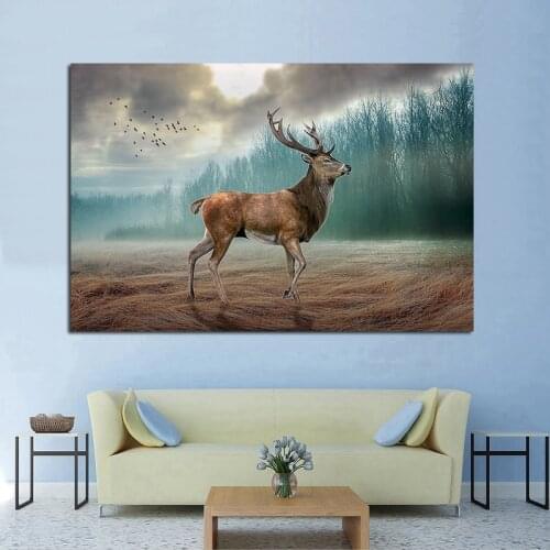 Modern Wall Art Deer In The Jungle Canvas Painting Deer Animal Posters and Prints Pictures for Living Room Decoration Frameless