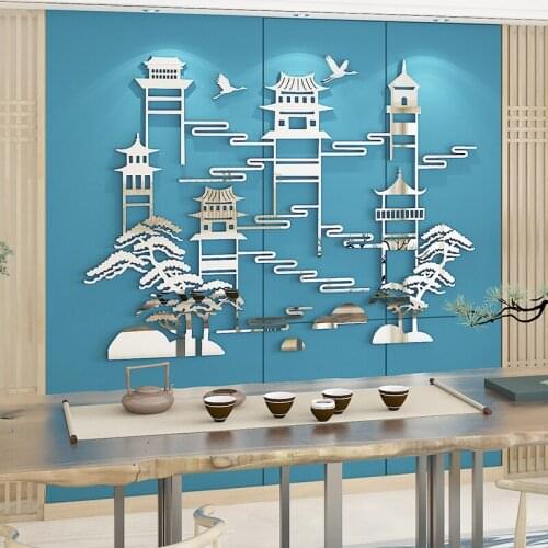 Chinese classical Pavilion Acrylic Wall Sticker 3D stereo living room Entrance restaurant background room Layout Wall Sticker