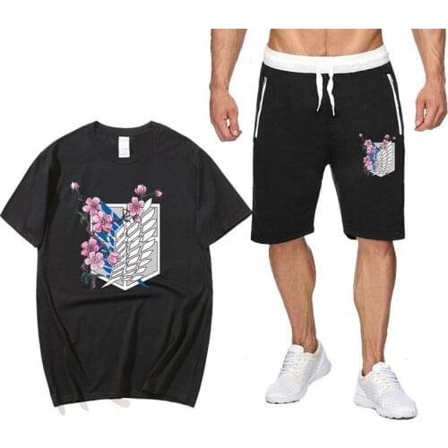 Summer Two Piece Set Anime Attack On Titan cotton mens T-shirt Sports Shorts Streetwear Harajuku pantsuit Sets Sweatpants