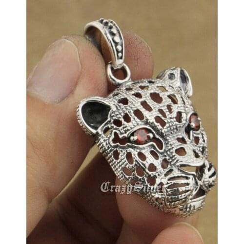 Red CZ Eyes Hollowed Leopard Biker Punk 925 Sterling Silver Pendant 8A036 Necklace 26"
