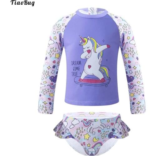 TiaoBug 2Pcs Kids Girls Swimming Suit Round Neck Long Sleeves Cartoon Print Tops With Brief Set For Beach Pool Bathing Rashguard