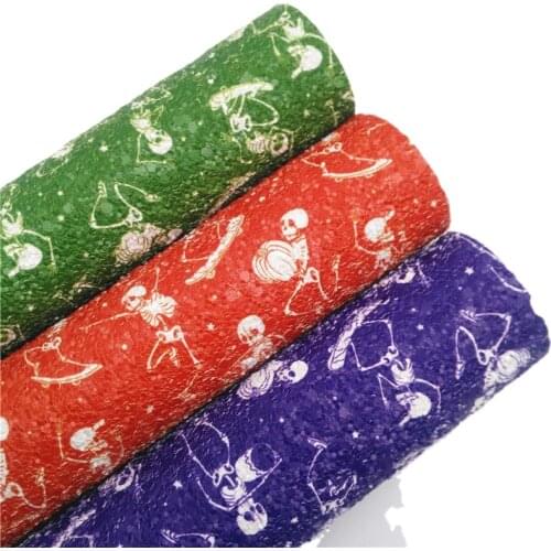 LEOsyntheticoDIY Skeletons Printed Chunky Glitter Vinyl Fabric Sheet Felt Backing Synthetic Leather Faux Vinil DIY R187B