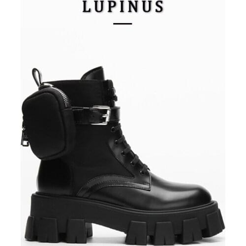 LUPINUS Luxury Brand Boots Women Pocket Design Platform Chunky Ankle Boots Women Round Toe Lace-up Motorcycle Boots Women 2021