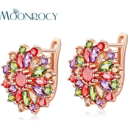 MOONROCY Free Shipping Fashion Jewelry Rose Gold Color Cubic Zirconia Multicolor Austrian Crystal Earrings for Women Girls Girl