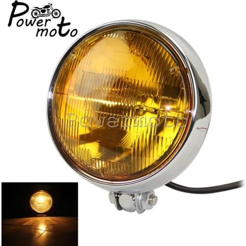 Motorcycle Chrome Retro Bates Style 5.75" Headlight Front Headlamp Amber Lens For Harley Cafe Racer Bobber Chopper Custom