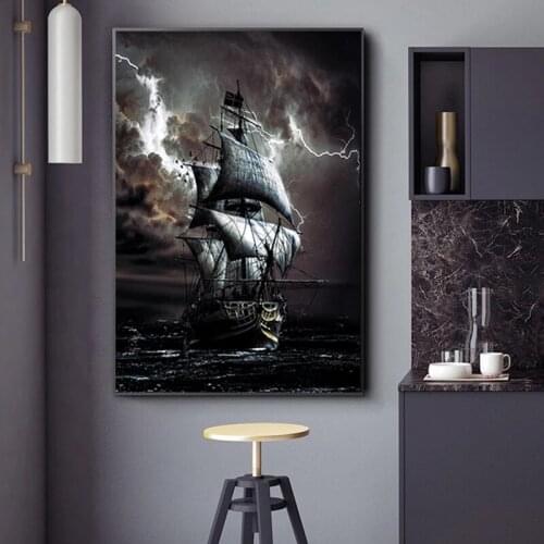 Pirate Ship At Sea Canvas Painting Black Sailboat Vintage Posters and Prints Vessel Wall Pictures for Living Room Decoration