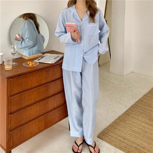 Spring autumn sleepwear women pajama set plaid loose home suit blouse+pants long sleeve lapel collar trousers cute cotton L489