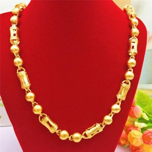 Luxury 18K Gold Necklace for Mens Wedding Engagement Anniversary Jewelry Yellow Gold Bamboo Beaded Chain Necklace Gifts Male