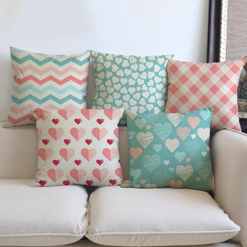 Pink Plaids Strips Heart Print Decorative Cushion Cover For Sofa Princess Style Cotton Linen Square Throw Pillow Case 45x45cm