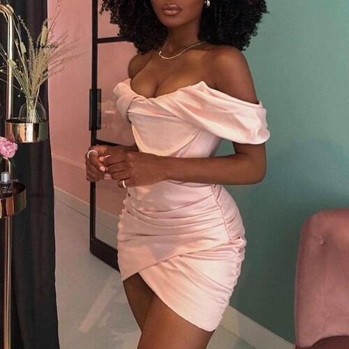 Blush Satin Ruched Womens Mini Corset Dresses Bodycon Party Night Club Off Shoulder Gown Elegant Dress Birthday