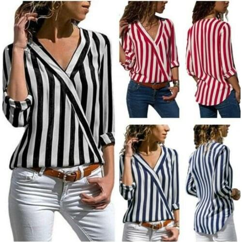 Womens 3 Colors Striped V Neck Blouses Tops Shirts Casual Leisure 3/4 Sleeve D