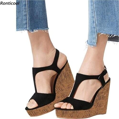 Ronticool Handmade Women T- Strap Sandals Buckle Strap Wedges Heels Open Toe Black Daily Shoes US Size 35-45