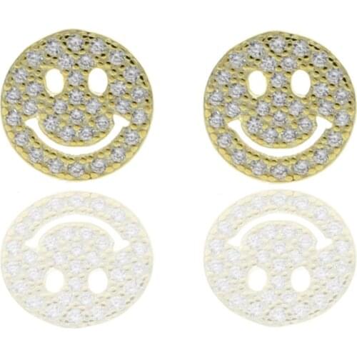 FASHION Cute Round face shape stud earrings with full cz paved women girls charm 925 sterling silver fancy smile Lucky jewelry