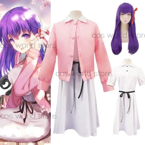 Fate/Stay Night Matou Sakura Cosplay Costume Pink Top Women Dress Uniform Activity Party Cosplay Purple Wig Headware Outfit Cos