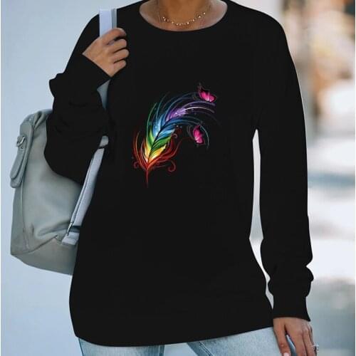 2021 Womens Autumn/Winter Pattern Collar Feather Print Casual Top Loose Fashion Sweater Long Sleeve T-Shirt