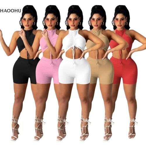 Women Tracksuit Summer Bandage Crop Tops+Biker Shorts Sporty Matching Set Suits Casual Female Outfits Knitted Rib Two Piece Sets