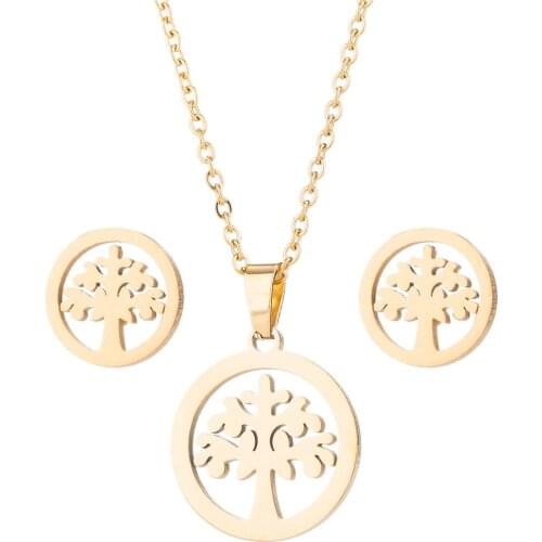 AsJerlya Tree Of Life Round Pendant Stainless Steel Necklace Stud Earrings Gold Silver Elegant Women Jewelry Sets Dropshipping