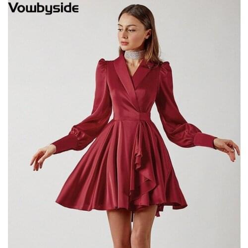 Spring and Autumn New Womens Fashion Dress Solid Color Lantern Sleeve V-neck Waist Waist Slimming Dress