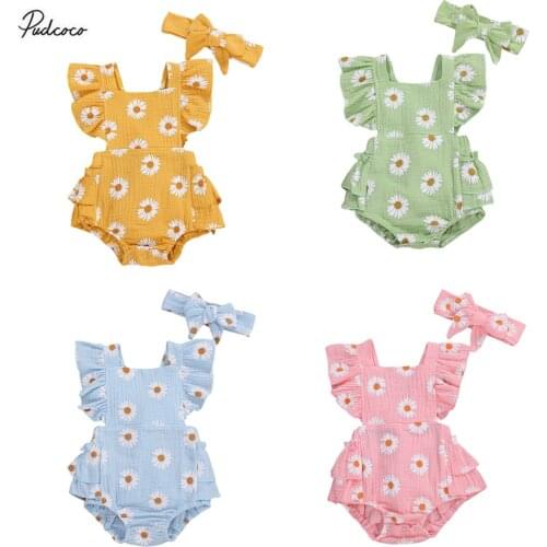 2020 Sweet Daisy Infant Baby Romper 2pcs Summer Girls Floral Fly Sleeve Bow Back Jumpsuit Headband Soft Cotton Linen Clothes