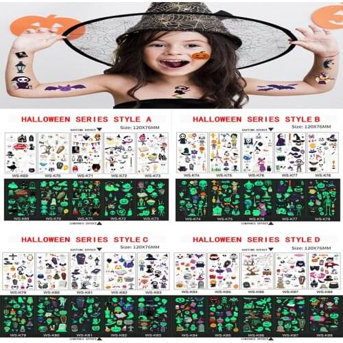 5PCS Childrens Cartoon Luminous Tattoo Sticker Halloween Carnival Party Bar Prom Atmosphere Glow Temporary Tattoo Sticker