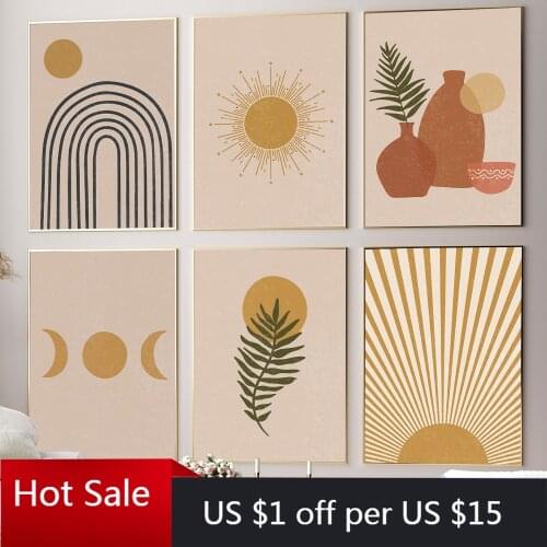 Abstract Burnt Orange Wall Art Canvas Painting Landscape Rainbow Minimalist Sunset Moon Vase Plants Poster Boho Print Room Decor