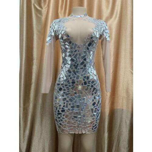 Shining Slive Sequin Mirror Reflective Long Sleeve Dresses Mesh Perspective Women Mini Dress Backless Singer Dancer Stage Wear