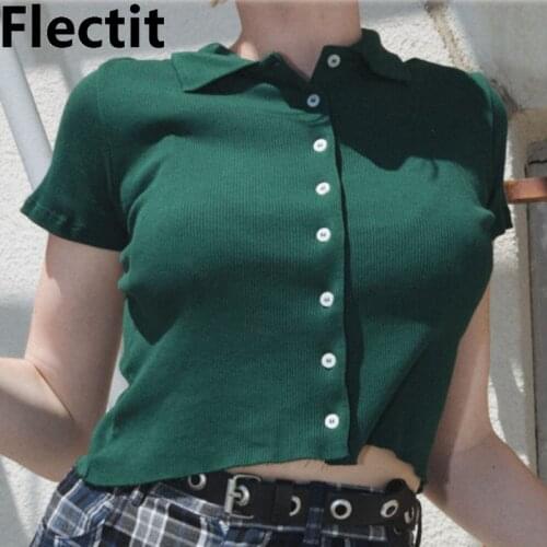 Flectit Women Crop Tops Button-up Short Sleeve Ribbed Lapel Collar T-Shirt Summer e-Girl Outfits