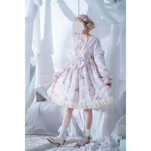 Cute printing victorian dress kawaii girl gothic lolita op cos Sweet princess lolita dress vintage lace bowknot peter pan collar