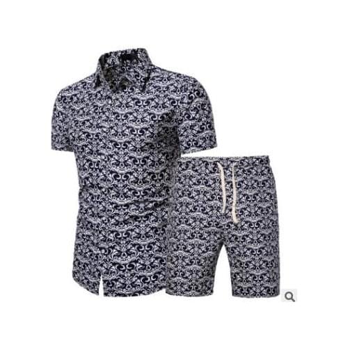 Men Two-piece Elastic Waist Clothes Set Short Sleeve Turn-down Collar Shirt and Shorts