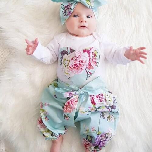 Newborn Baby girls clothing Suit 2021 Cute Flower printed Babysuit Pants Headband Infant Toddle girl Outfit Clothing 3PCS