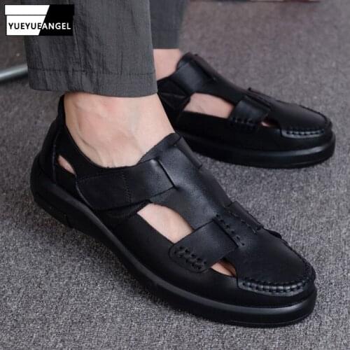 Business Casual Sandals Men High Quality Summer Breathable Leather Flat Sandals Street Hollow Round Toe Shoes Sandalias Hombre