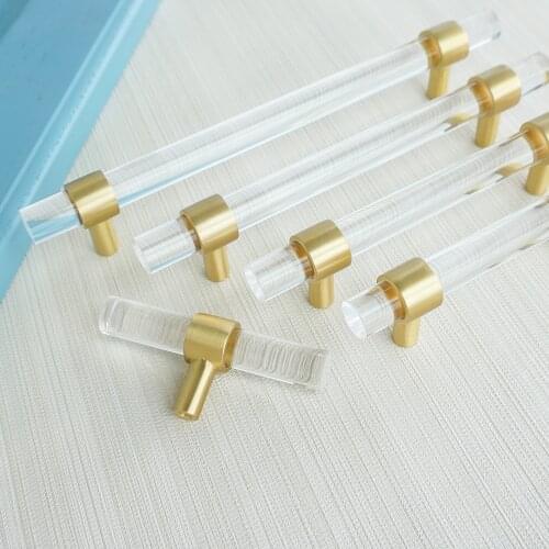 Acrylic +Brass Cabinet Pulls Handles Transparent Handle for Drawer Dresser Closet Kitchen Doors Pull Knobs Furniture Hardware