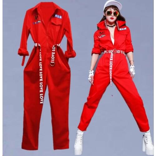 Stage Costumes For Singers Women Dance Night Club Costume Hip Hop Overalls Unisex With Belt Red Jumpsuit Long Sleeve Loose
