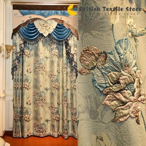 Fabric Curtains for Living Dining Room Bedroom High-precision 4D Large Relief Lotus High-end Curtains