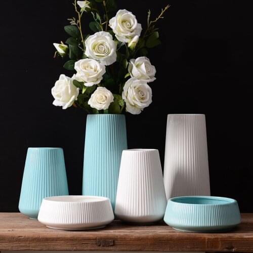 White Blue Ceramic Vase Simple Modern Dried Flowers Vase Striped Bottle Nordic Style Living Room Home Tabletop Decoration