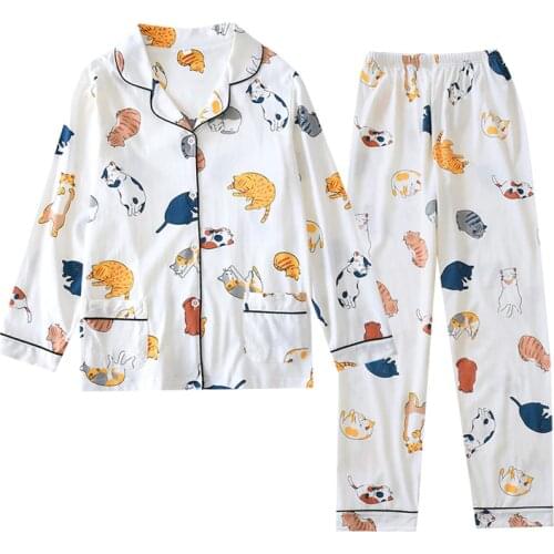 New Japanese kawaii Cat pajama sets women sleepwear 100% knit cotton sweet cute Cartoon long sleeve women pyjamas 2020