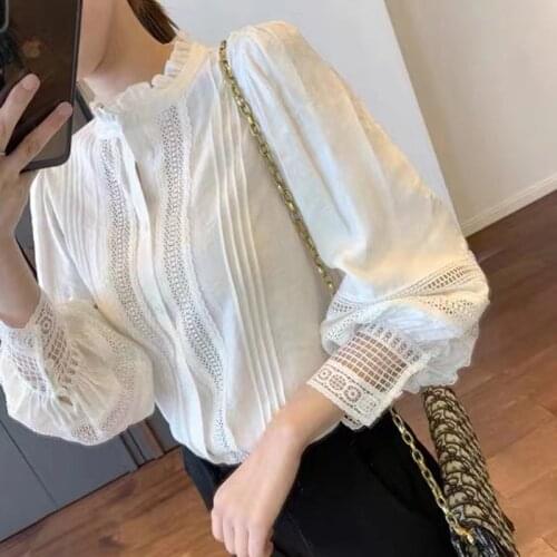 Stylish White Lace Shirt for Women Summer 2020 Korean Office Style Long Sleeve Lace Shirt Elegant Lady All-match Thin Shirt Tops