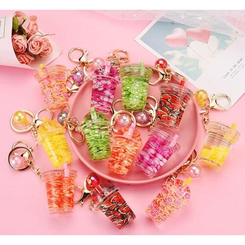 Liquid Milk Tea Bottle Keyring Women Summer Bag Key Holder Creative Simulation Fruit Floating Keychain Cute Watermelon Kiwi