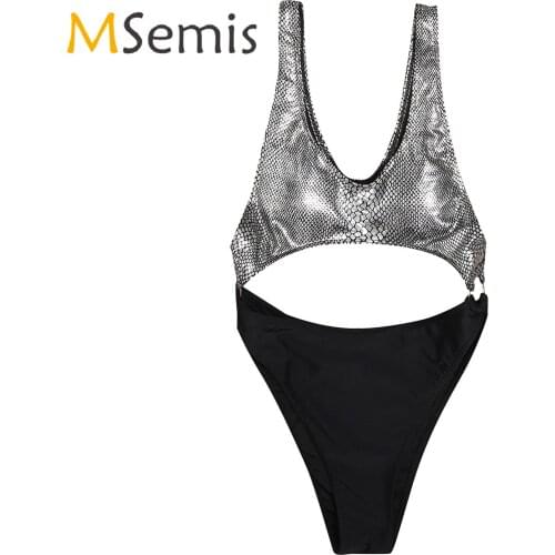 Womens Lingerie O Ring Patchwork Snakeskin Printed Bodysuit Swimsuit Scoop Neck Sleeveless Cutout Leotard Monokini Swimwear